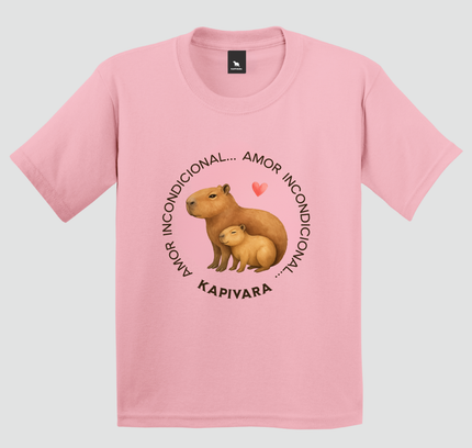 Camiseta infantil rosa com estampa de capivara mãe e filhote amor incondicional