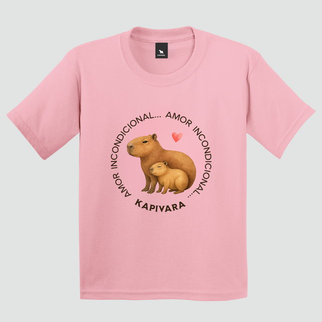 Camiseta infantil rosa com estampa de capivara mãe e filhote amor incondicional