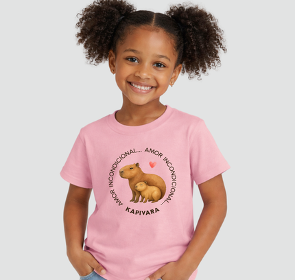 Menina usando camiseta infantil rosa com estampa capivara amor incondicional