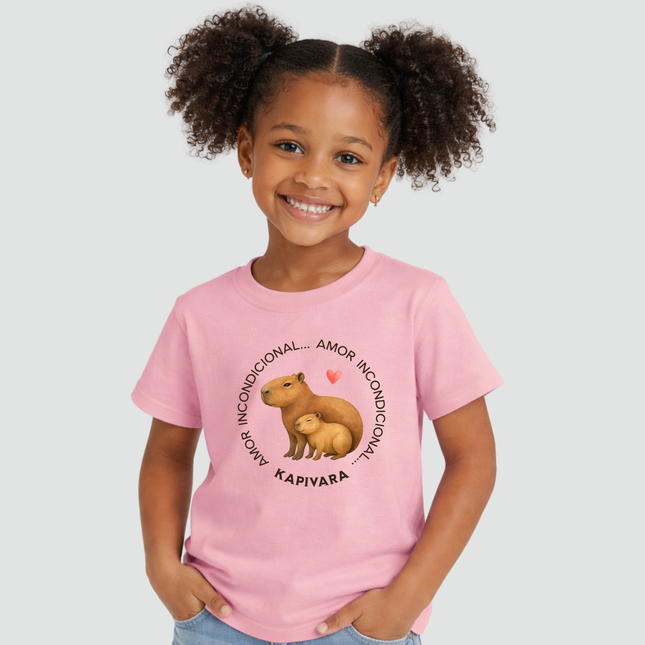 Menina usando camiseta infantil rosa com estampa capivara amor incondicional