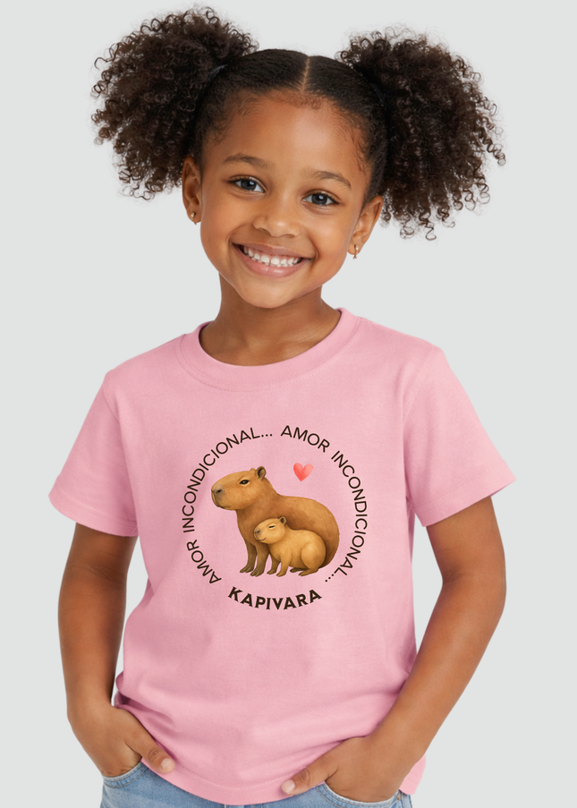 Menina usando camiseta infantil rosa com estampa capivara amor incondicional