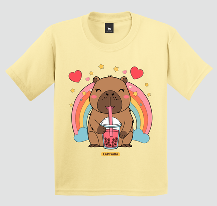 Camiseta infantil capivara arco-íris amarela Kapivara