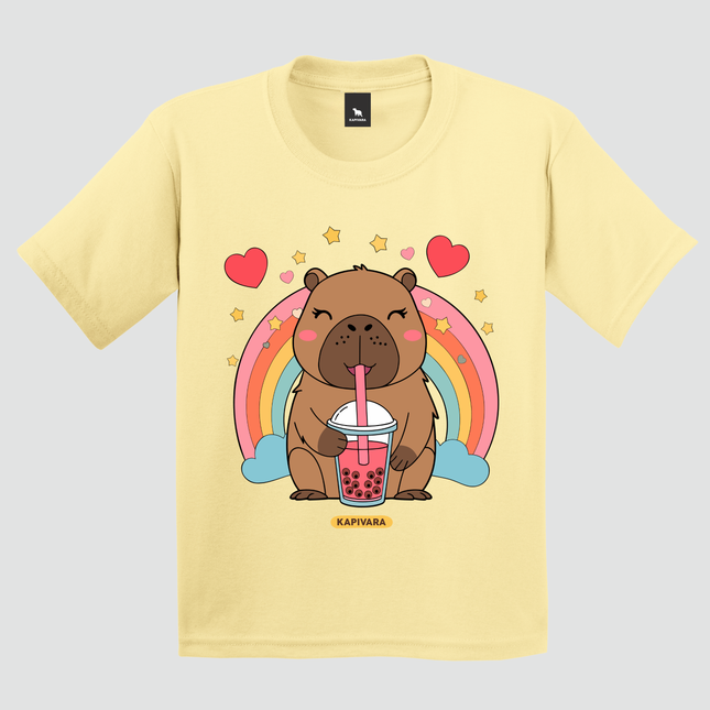 Camiseta infantil capivara arco-íris amarela Kapivara