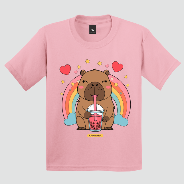 Camiseta infantil capivara arco-íris rosa Kapivara