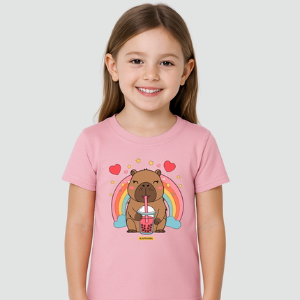 Camiseta infantil capivara arco-íris rosa Kapivara Criança vestindo