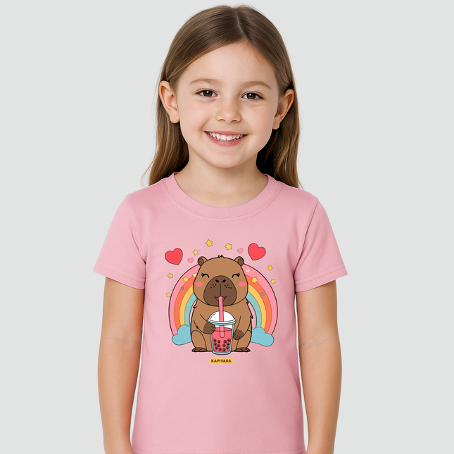 Camiseta infantil capivara arco-íris rosa Kapivara Criança vestindo