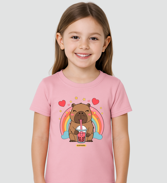 Camiseta infantil capivara arco-íris rosa Kapivara Criança vestindo