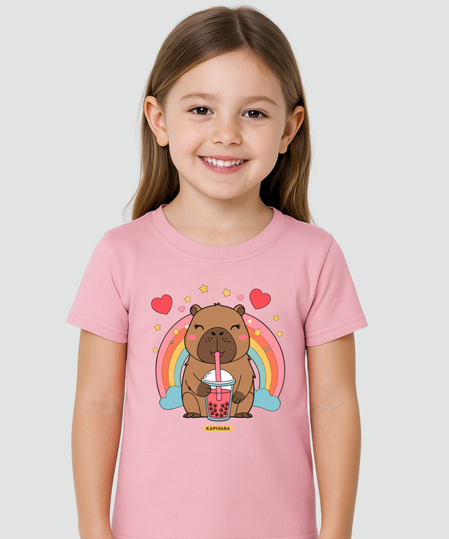 Camiseta infantil capivara arco-íris rosa Kapivara Criança vestindo