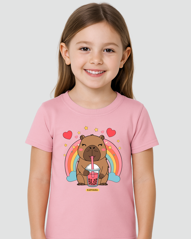 Camiseta infantil capivara arco-íris rosa Kapivara Criança vestindo