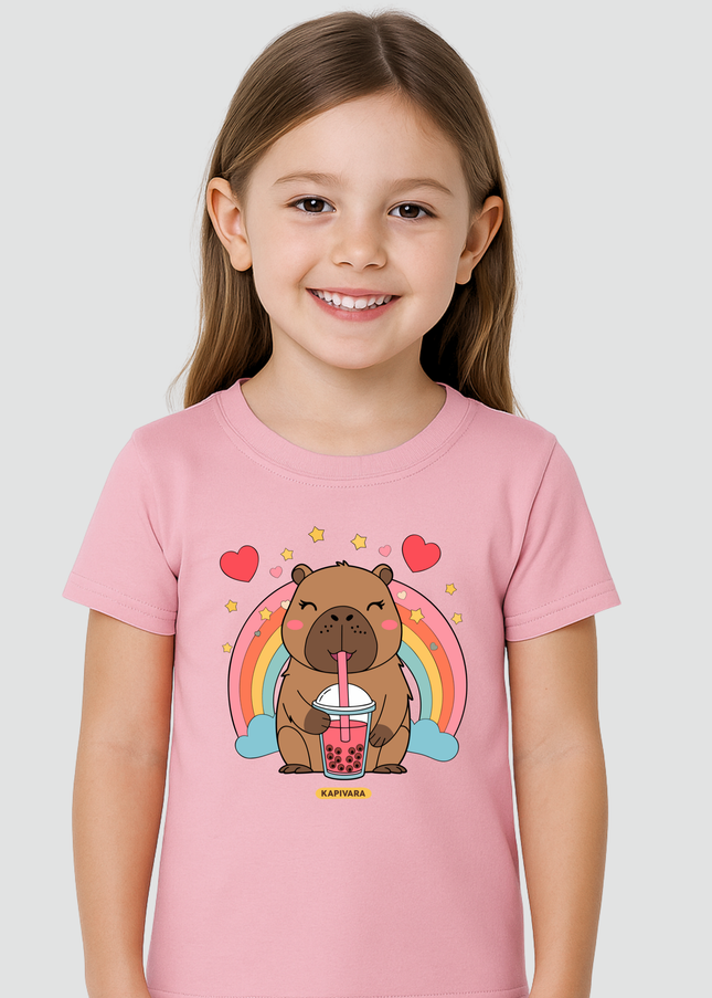 Camiseta infantil capivara arco-íris rosa Kapivara Criança vestindo