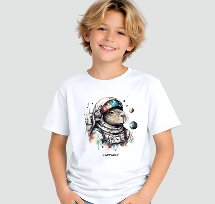 criança usando camiseta capivara astronauta estampa espacial