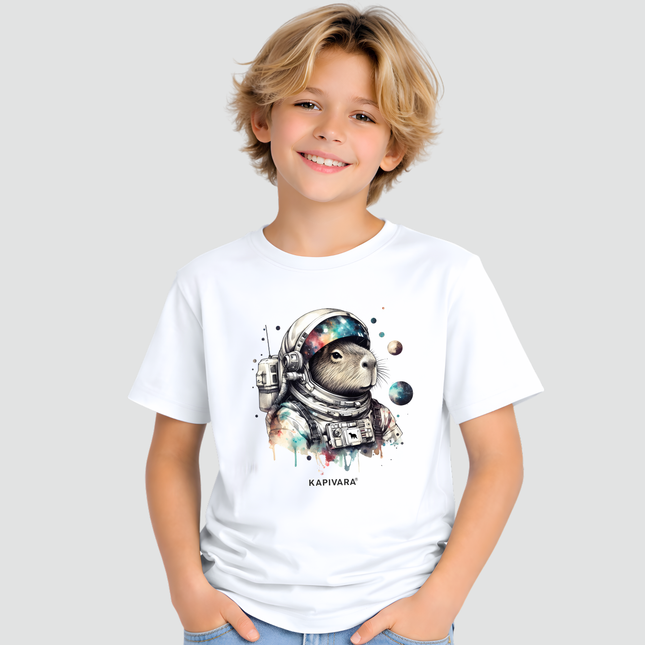criança usando camiseta capivara astronauta estampa espacial
