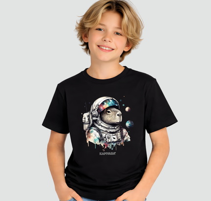 menino usando camiseta infantil capivara astronauta preta