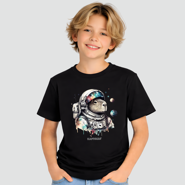 menino usando camiseta infantil capivara astronauta preta