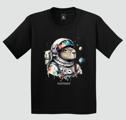 camiseta infantil capivara astronauta preta estampa espacial