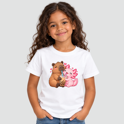 bubble-tea-branca-modelo.jpgCriança usando camiseta infantil branca com estampa de capivara e axolote
