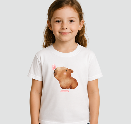 Menina usando camiseta infantil capivara baby borboleta branca Kapivara