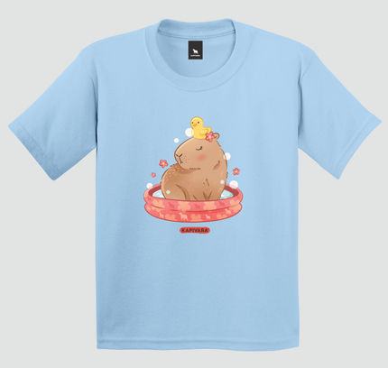 Camiseta infantil capivara tomando banho azul Kapivara