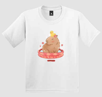 Camiseta infantil capivara tomando banho branca Kapivara