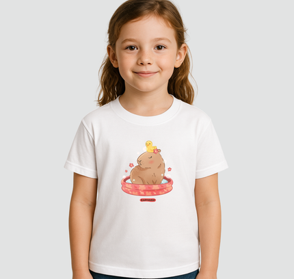 Menina usando camiseta infantil capivara tomando banho branca Kapivara