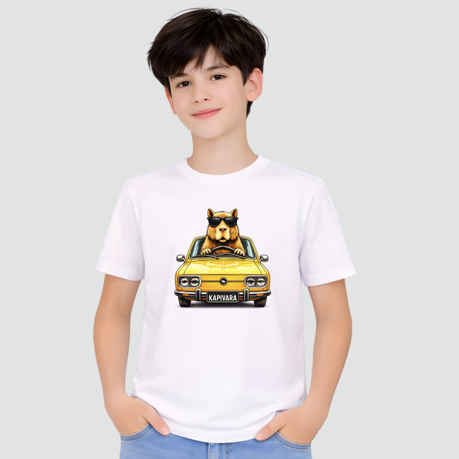 menino usando camiseta branca capivara brasilia amarela carro clássico divertido