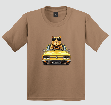 camiseta infantil marrom capivara brasilia amarela carro antigo estampa central