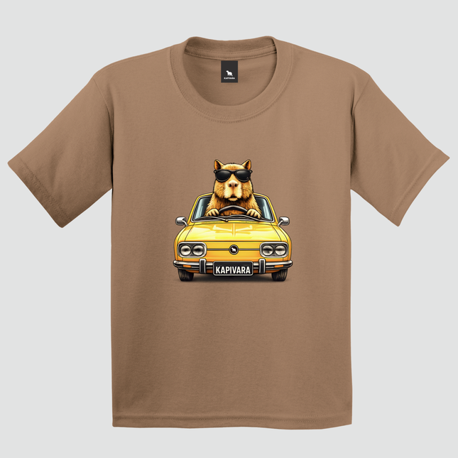 camiseta infantil marrom capivara brasilia amarela carro antigo estampa central