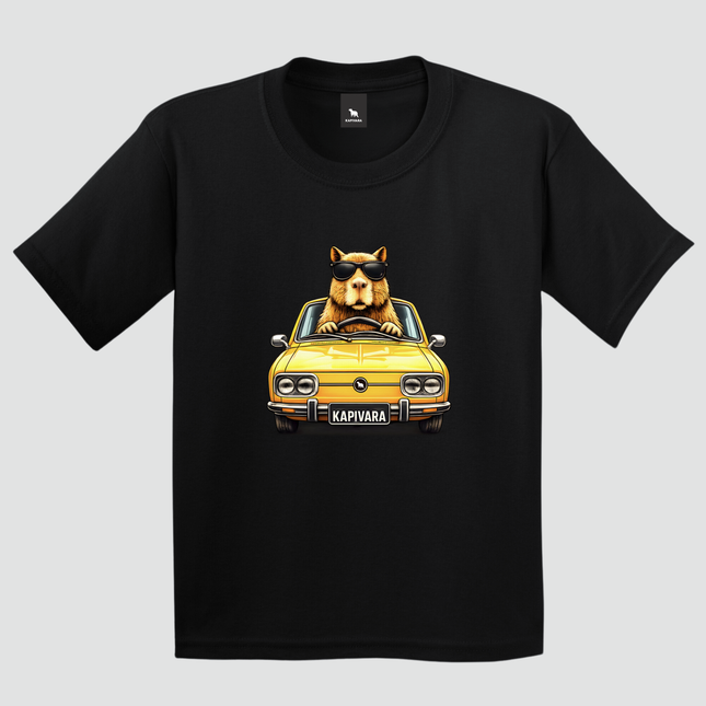 camiseta infantil preta capivara dirigindo brasilia amarela estampa central