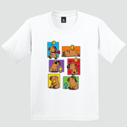 Camiseta infantil branca Capivara Friends com estampa de capivaras