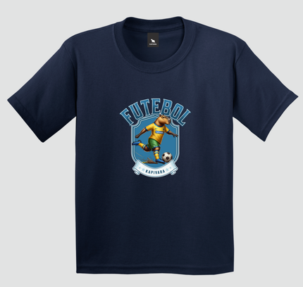camiseta infantil capivara futebol brasil azul marinho estampa escudo