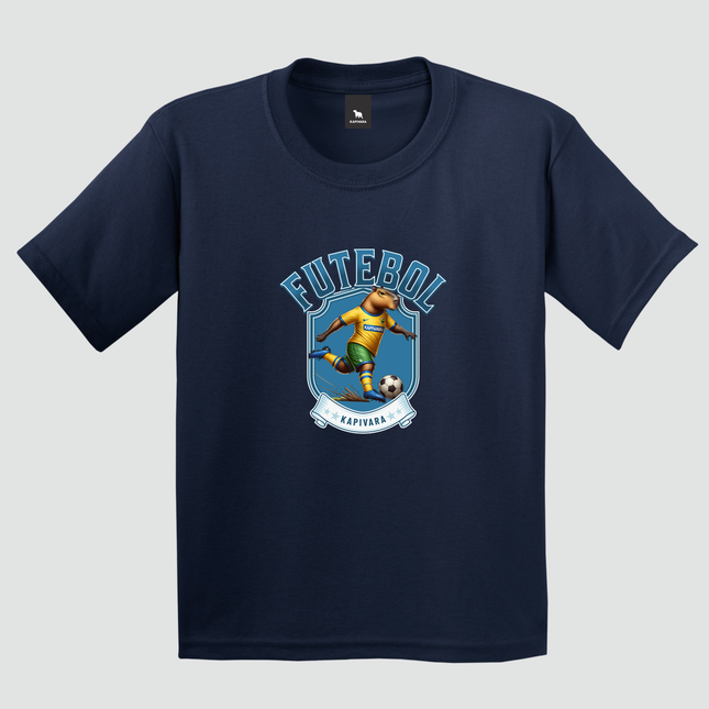 camiseta infantil capivara futebol brasil azul marinho estampa escudo