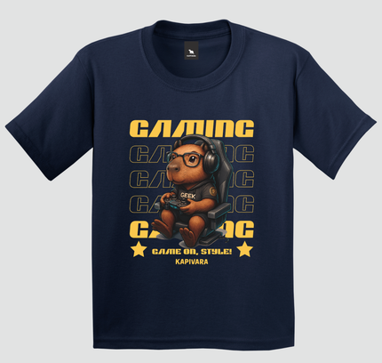 camiseta infantil capivara gamer geek azul marinho com estampa de capivara gamer estilo geek