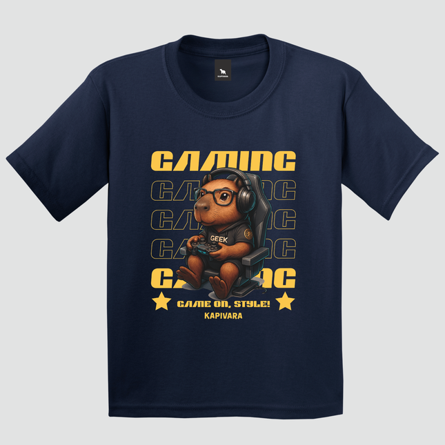 camiseta infantil capivara gamer geek azul marinho com estampa de capivara gamer estilo geek