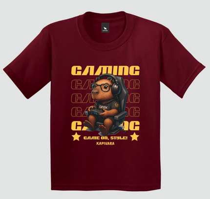 camiseta infantil capivara gamer geek bordô com estampa de capivara gamer com headset e controle