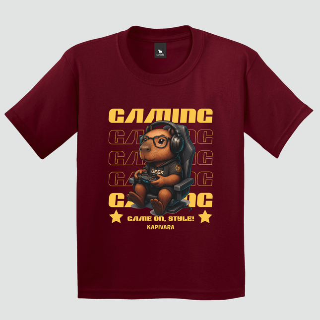 camiseta infantil capivara gamer geek bordô com estampa de capivara gamer com headset e controle