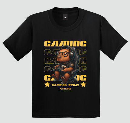 camiseta infantil capivara gamer geek preta com estampa de capivara gamer com headset e controle