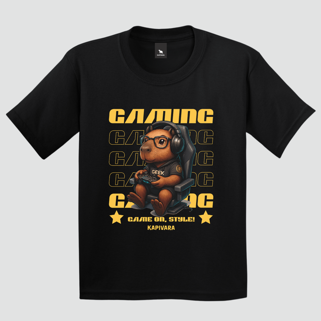 camiseta infantil capivara gamer geek preta com estampa de capivara gamer com headset e controle