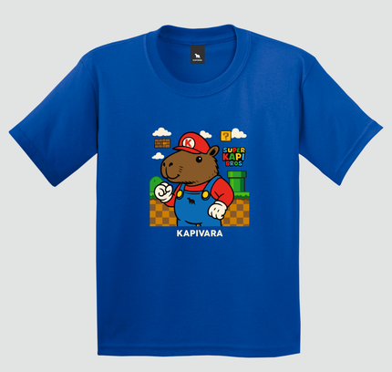 camiseta infantil capivara gamer super kapi bros azul royal estampa jogo