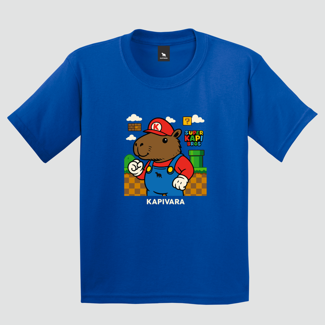 camiseta infantil capivara gamer super kapi bros azul royal estampa jogo