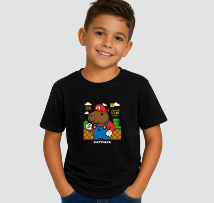 menino usando camiseta infantil capivara gamer super kapi bros preta