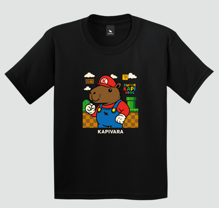 camiseta infantil capivara gamer super kapi bros preta estampa videogame