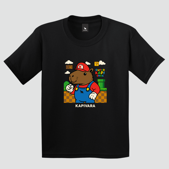 camiseta infantil capivara gamer super kapi bros preta estampa videogame