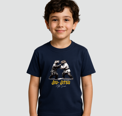 criança usando camiseta capivara jiu jitsu azul marinho