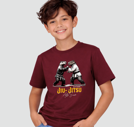 menino usando camiseta infantil capivara jiu jitsu arte suave bordô