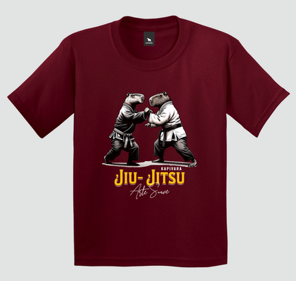 camiseta infantil capivara jiu jitsu bordô estampa arte suave