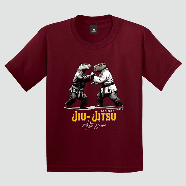 camiseta infantil capivara jiu jitsu bordô estampa arte suave
