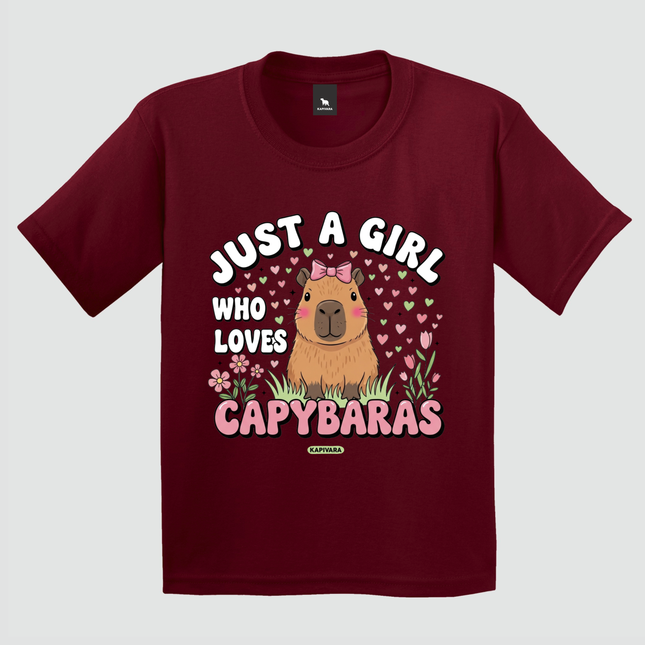 Camiseta infantil bordô Just a Girl Who Loves Capybaras com estampa capivara