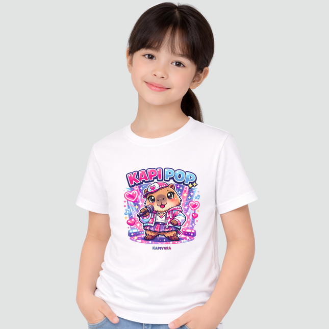 Menina usando camiseta infantil branca com estampa de capivara Kapi Pop estilo kawaii