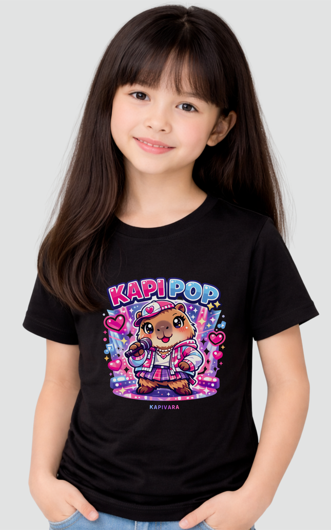 Menina usando camiseta infantil preta com estampa de capivara Kapi Pop estilo kawaii