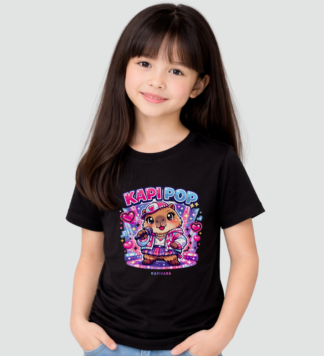 Menina usando camiseta infantil preta com estampa de capivara Kapi Pop estilo kawaii
